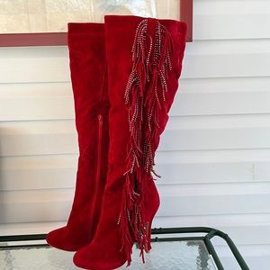 Lauren Lorraine Dolly Red Fringe Tall Boots Spiked Heel Glam Beaded Tassled